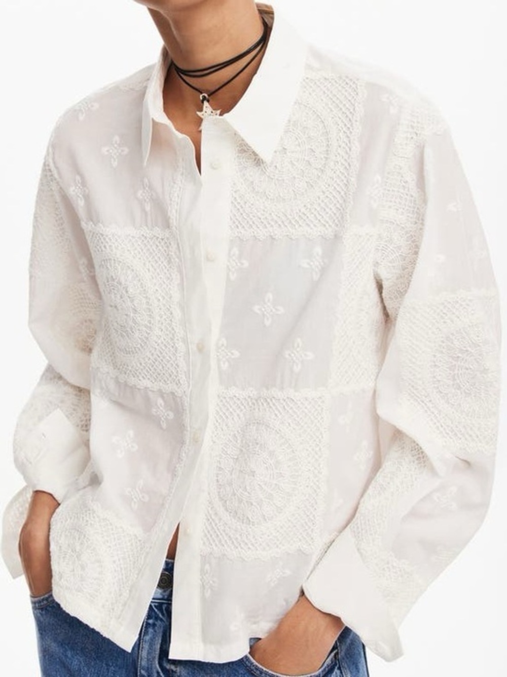 DESIGUAL Sendai Embroidered Cotton Button-Up Shirt Sz: M Crochet Granny Square